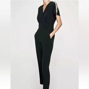 ZARA WOMAN BLACK LONG JUMPSUIT WITH BEADED SHOULDER STRIPE 8209/733/529 Small